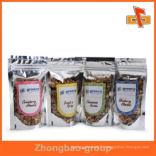 Customized laminated zipper top silver plastic foil bag for dried food packaging with sticker